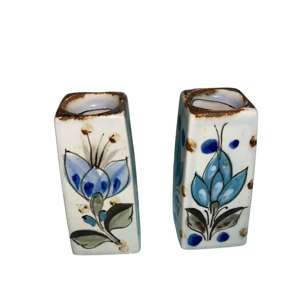 Ken Edwards Vintage Tonala Ceramic Pottery Bud Vase Floral Set of 2 Signed